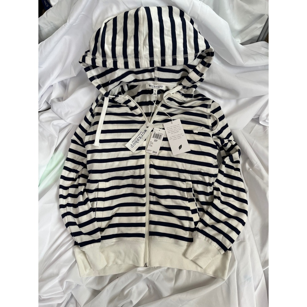 Workshop Republic Clothing Striped Zip Up Hoodie Navy White Modal XS NWT